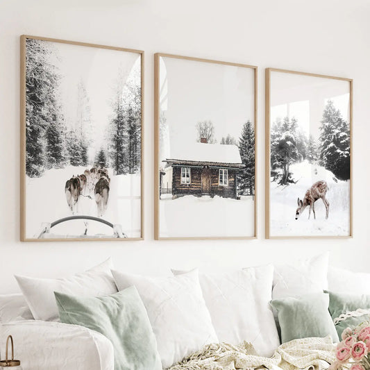 Set of 3 Christmas wall art prints with fawn log cabin and sledding