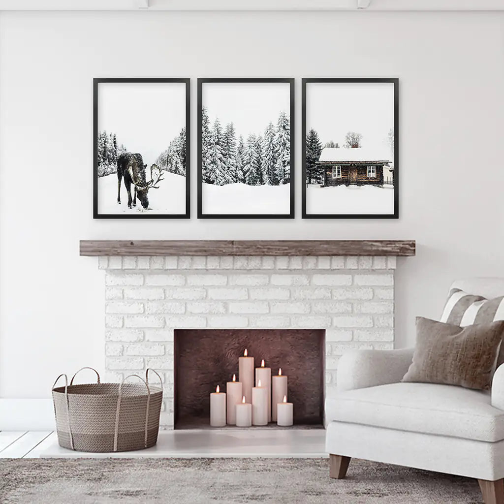 Winter Moose Wall Art Set of 3 Forest Prints