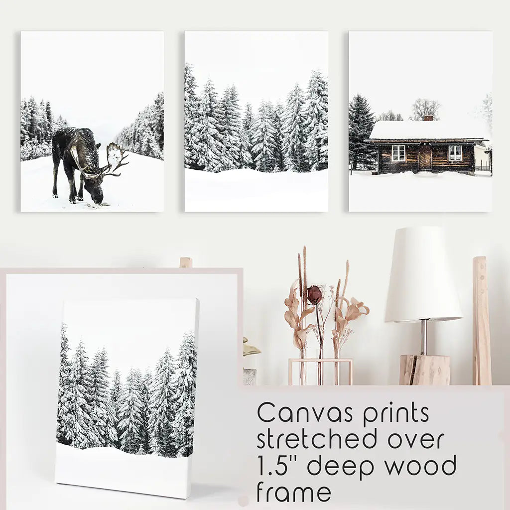 Winter Moose Wall Art Set of 3 Forest Prints