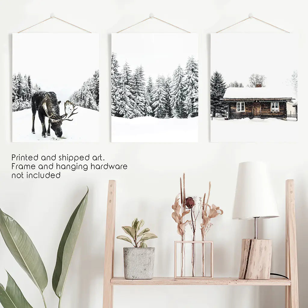 Winter Moose Wall Art Set of 3 Forest Prints