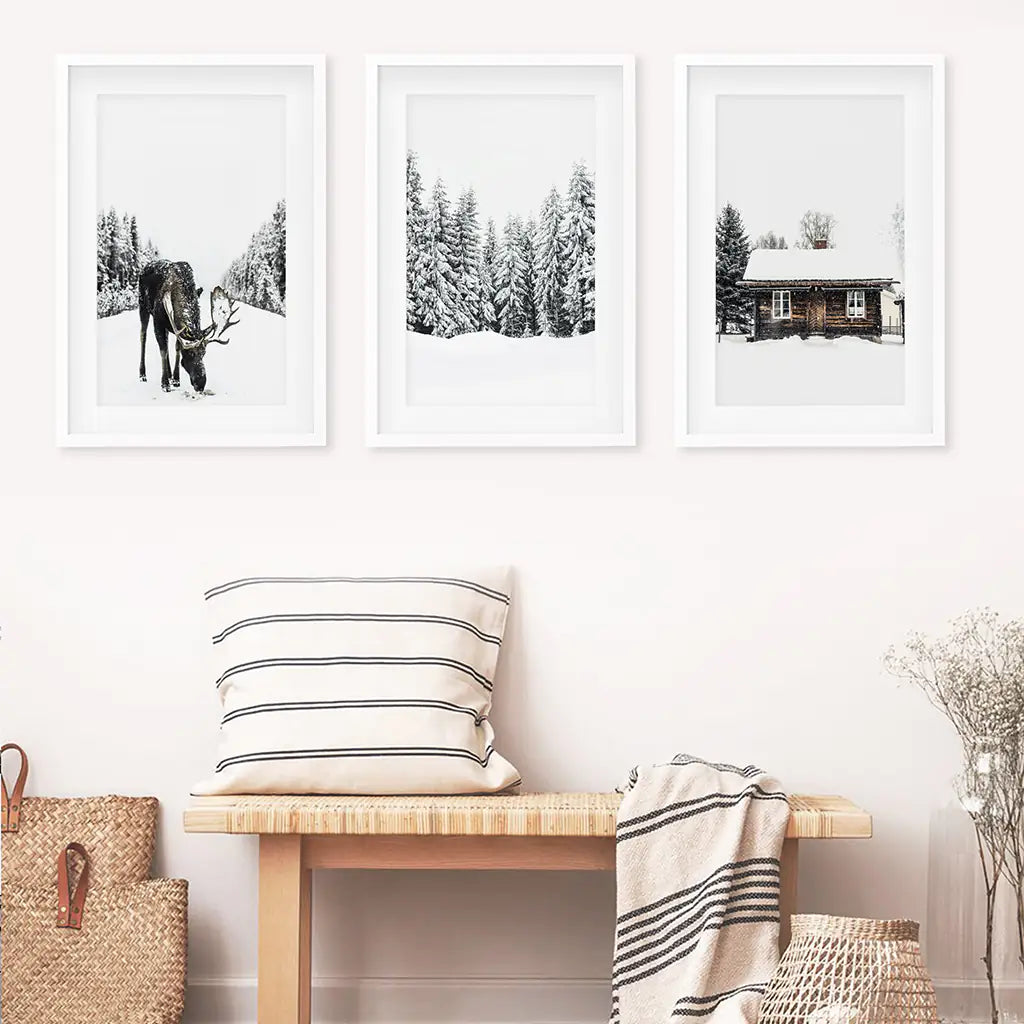 Winter Moose Wall Art Set of 3 Forest Prints