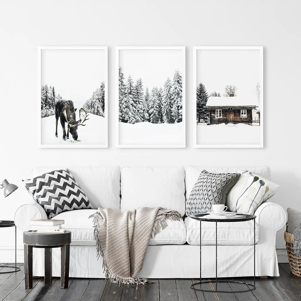 Winter Moose Wall Art Set of 3 Forest Prints