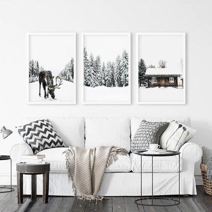 Winter Moose Wall Art Set of 3 Forest Prints