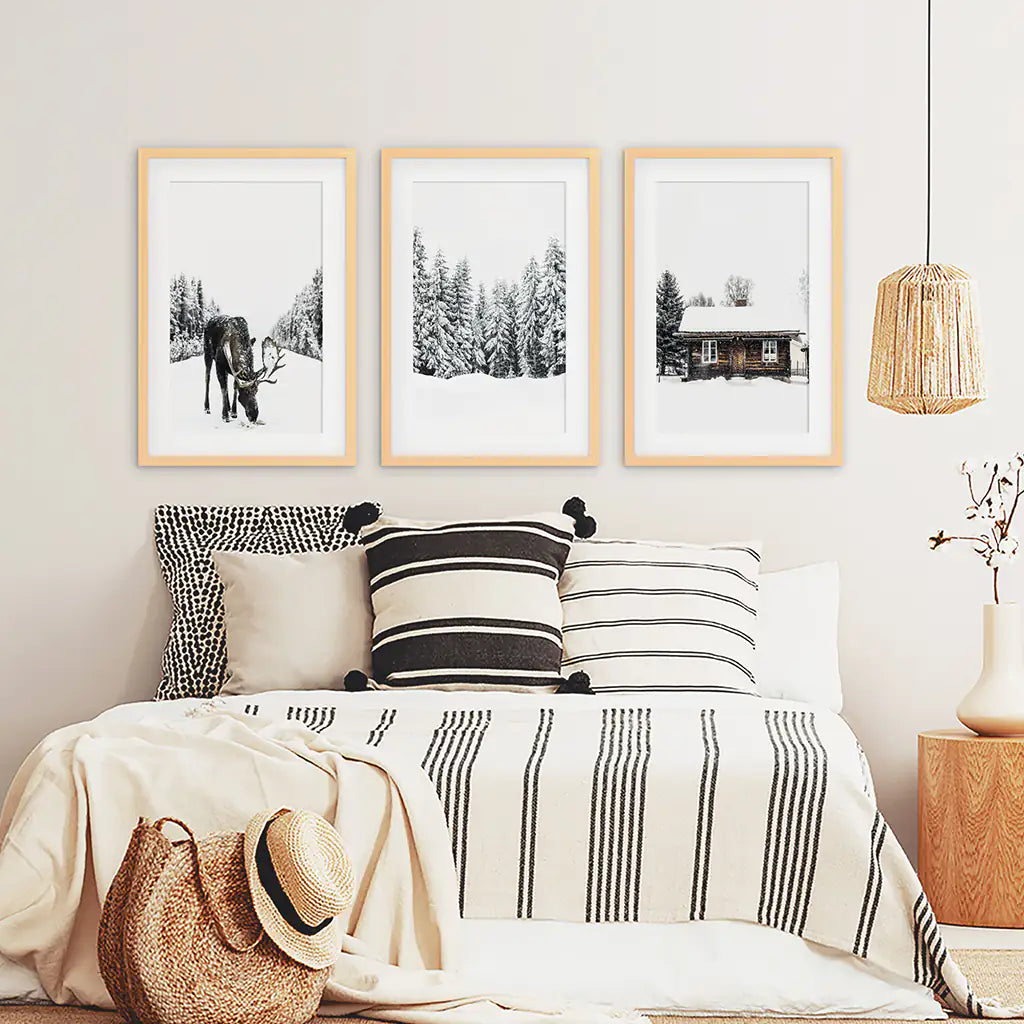 Winter Moose Wall Art Set of 3 Forest Prints