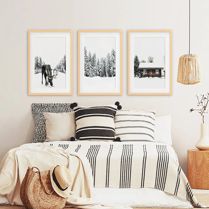 Winter Moose Wall Art Set of 3 Forest Prints