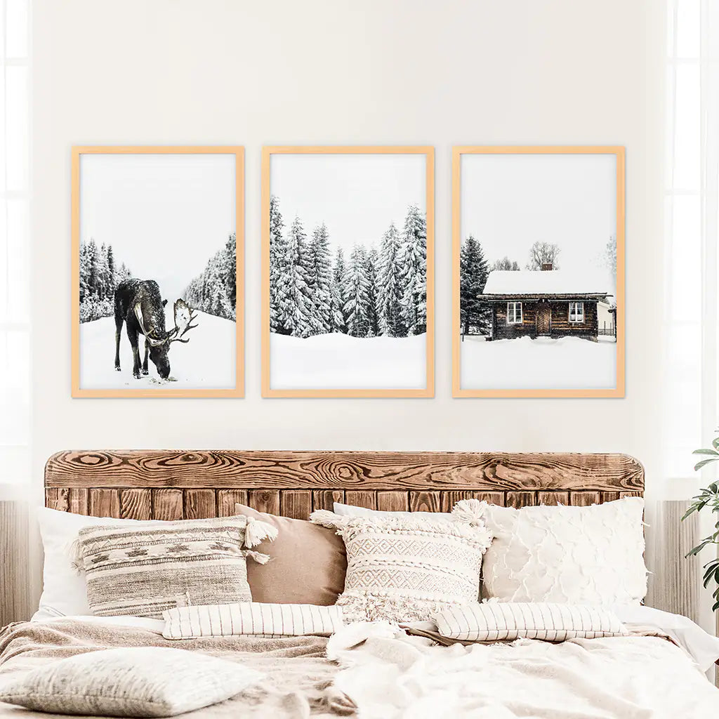 Winter Moose Wall Art Set of 3 Forest Prints