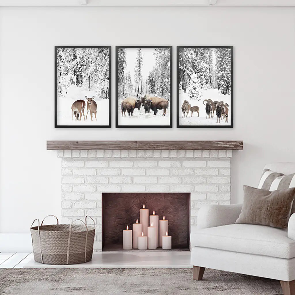 Winter Animals Wall Art Set of 3, Buffalo Deer Goat