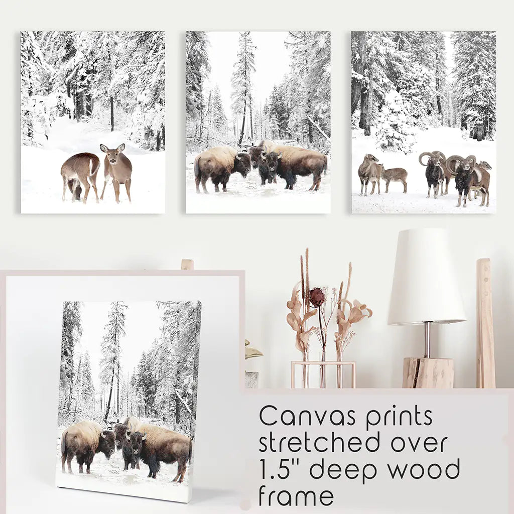 Winter Animals Wall Art Set of 3, Buffalo Deer Goat