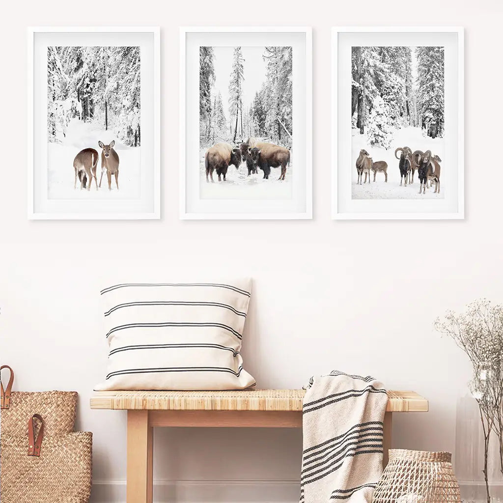 Winter Animals Wall Art Set of 3, Buffalo Deer Goat