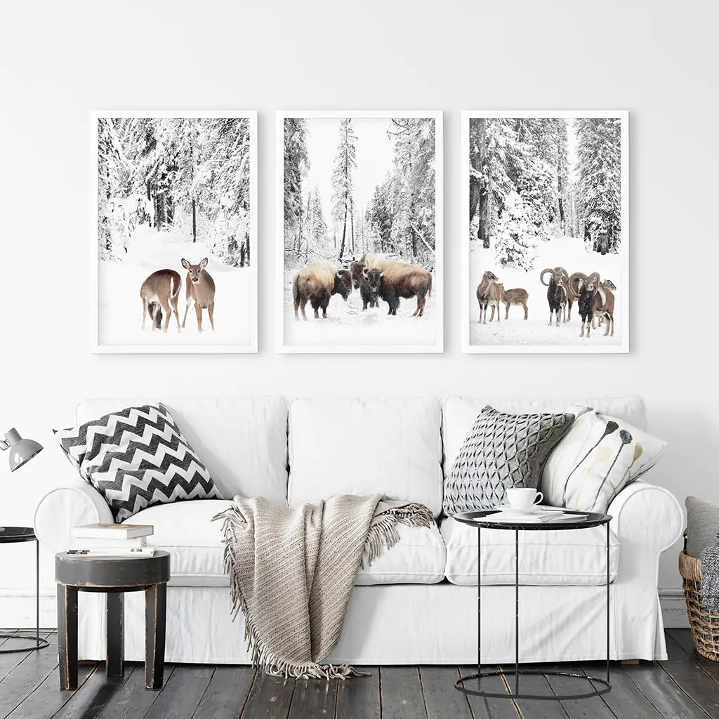 Winter Animals Wall Art Set of 3, Buffalo Deer Goat