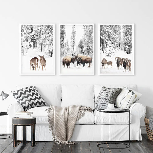 Winter Animals Wall Art Set of 3, Buffalo Deer Goat