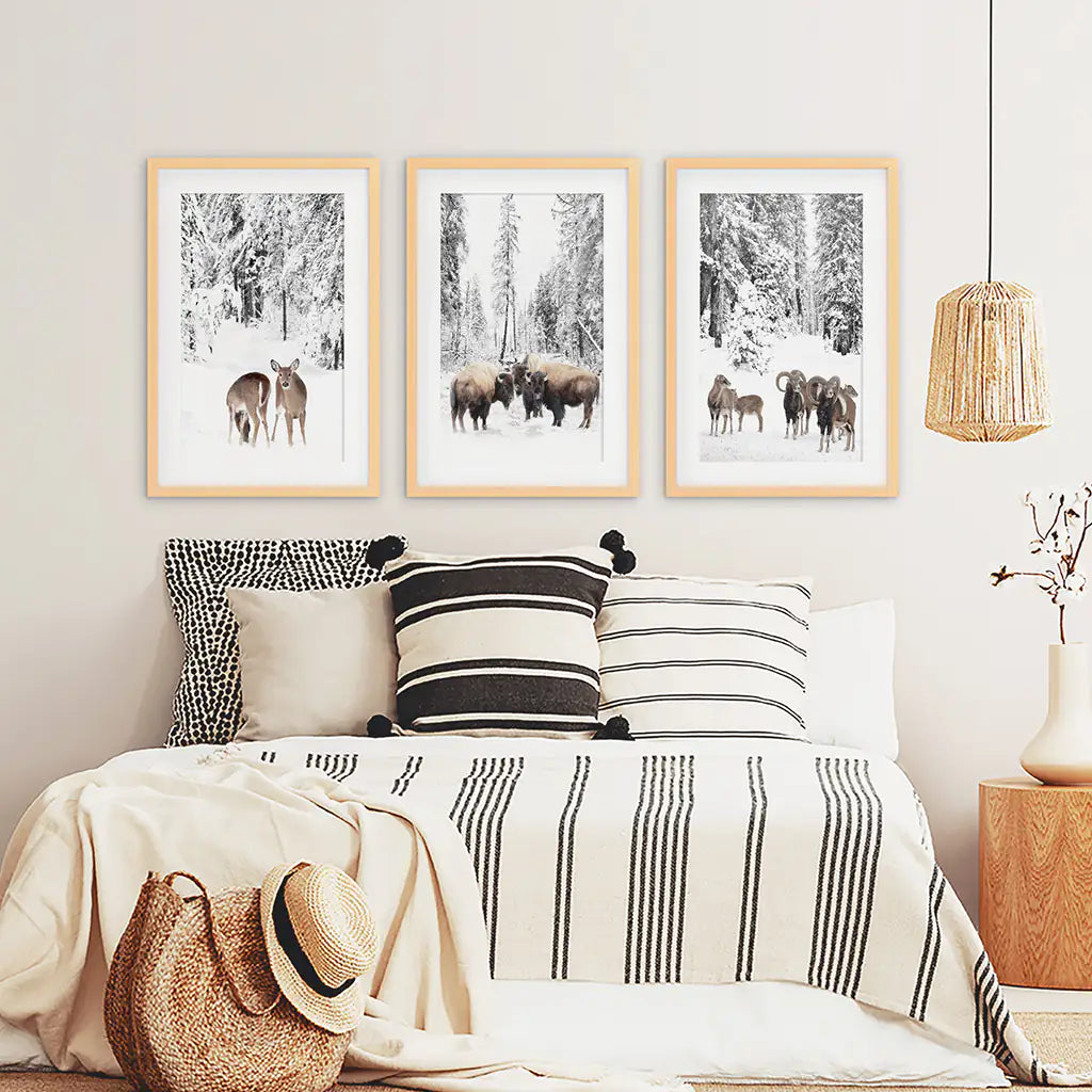Winter Animals Wall Art Set of 3, Buffalo Deer Goat