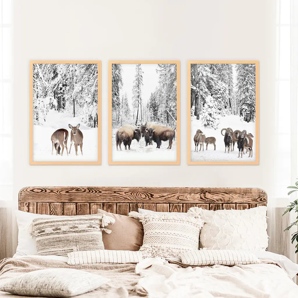 Winter Animals Wall Art Set of 3, Buffalo Deer Goat