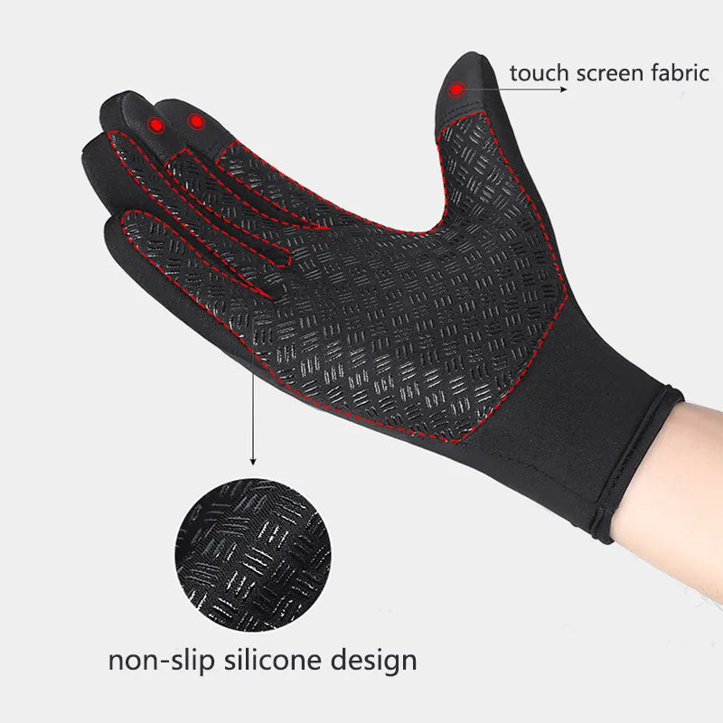Winter riding gloves showing silicone grip pattern and waterproof exterior