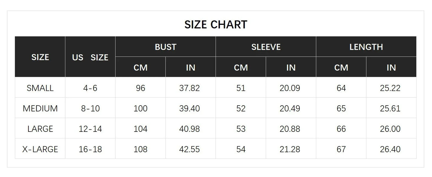 Winter snowflake sweater size chart with bust, sleeve and length in cm and inches