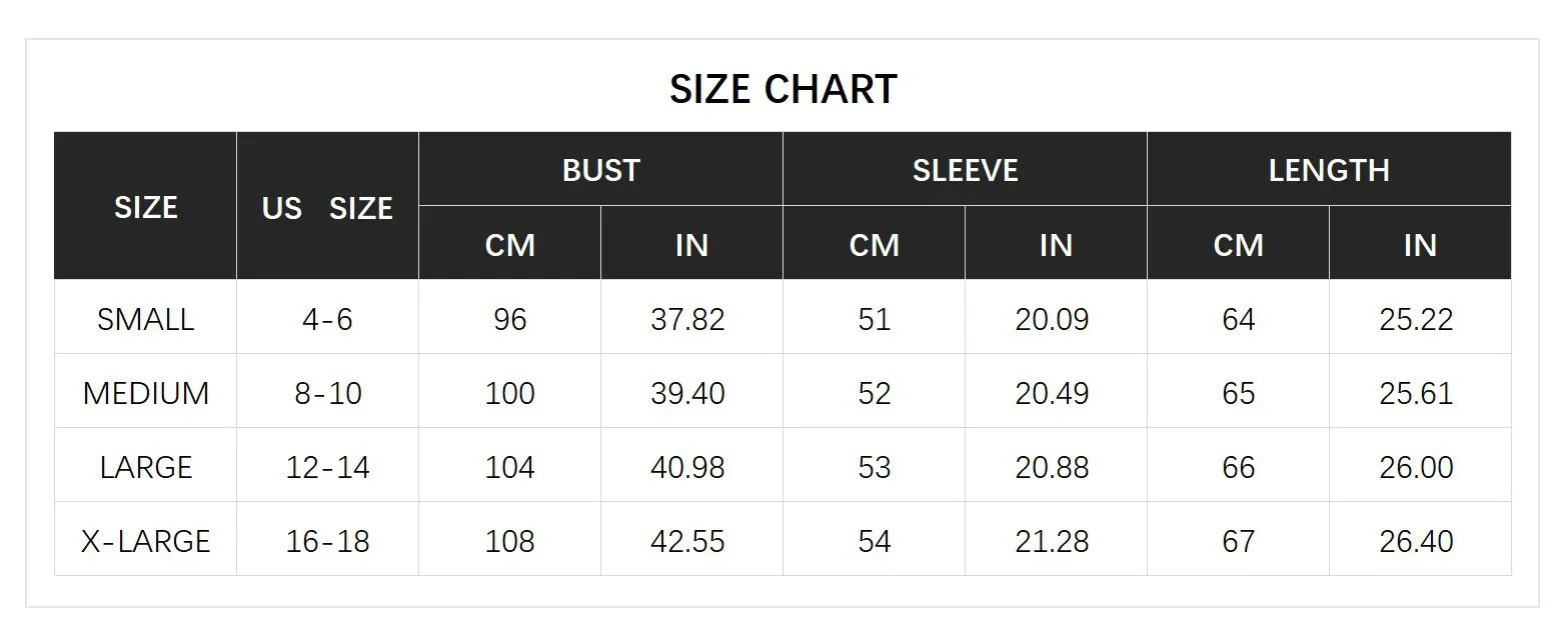 Winter snowflake sweater size chart with bust, sleeve and length in cm and inches