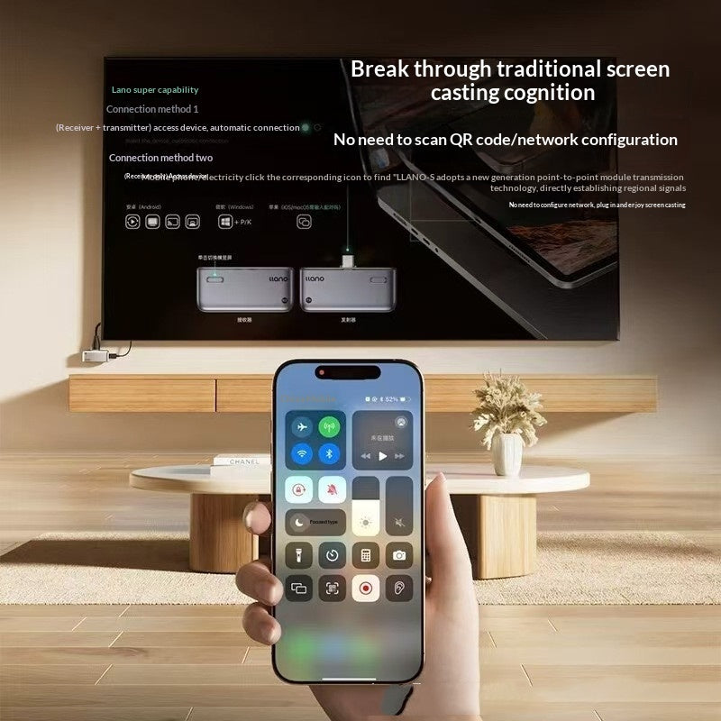 Wireless HDMI display adapter connected to TV with no QR code setup required
