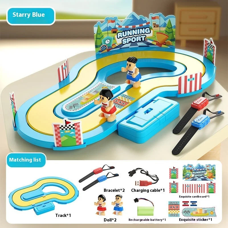 Wireless body sense race track game with blue track, yellow lanes, two runner figures, and motion control bracelets