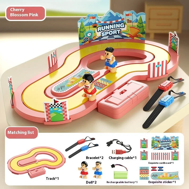 Wireless body sense race track game with pink track, yellow lanes, two runner figures, and motion control bracelets