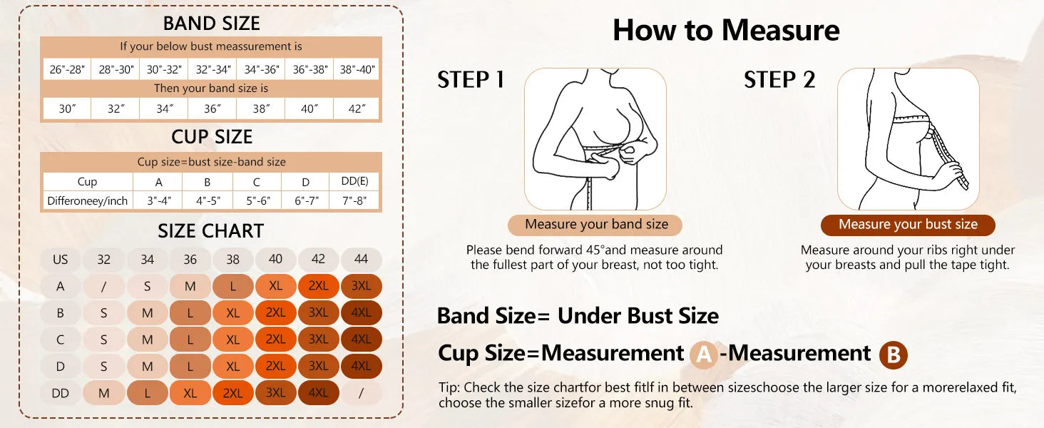 Wireless bra size chart showing band and cup measurements
