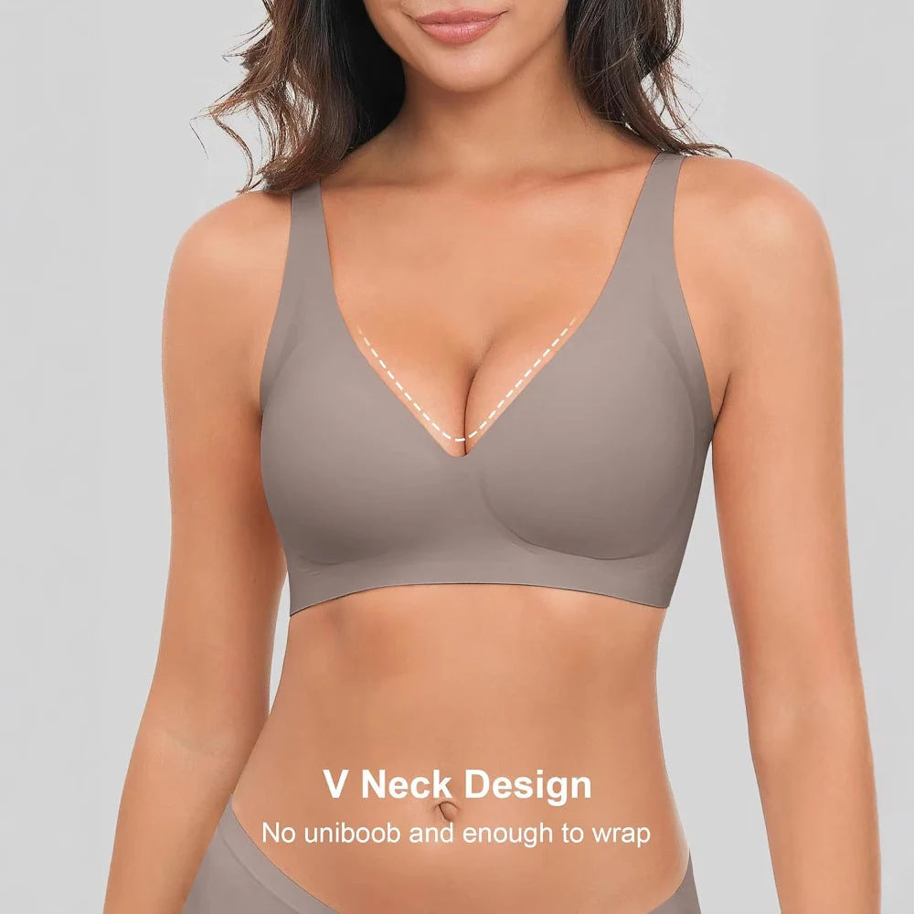 Wireless push up bra with deep v neck design and jelly strip support
