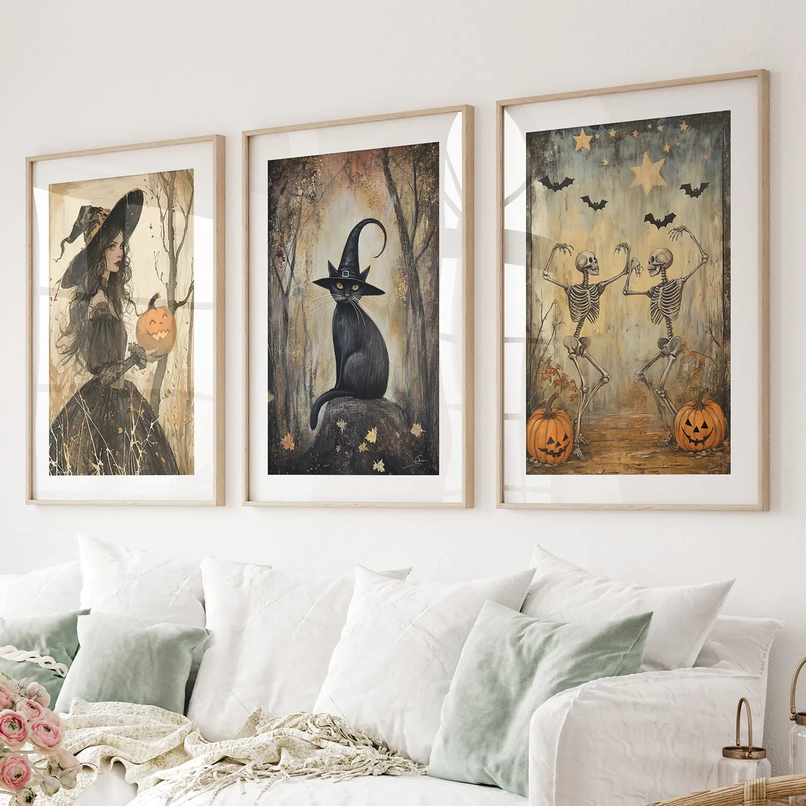 Witchy Halloween wall art set of 3 prints with witch and black cat