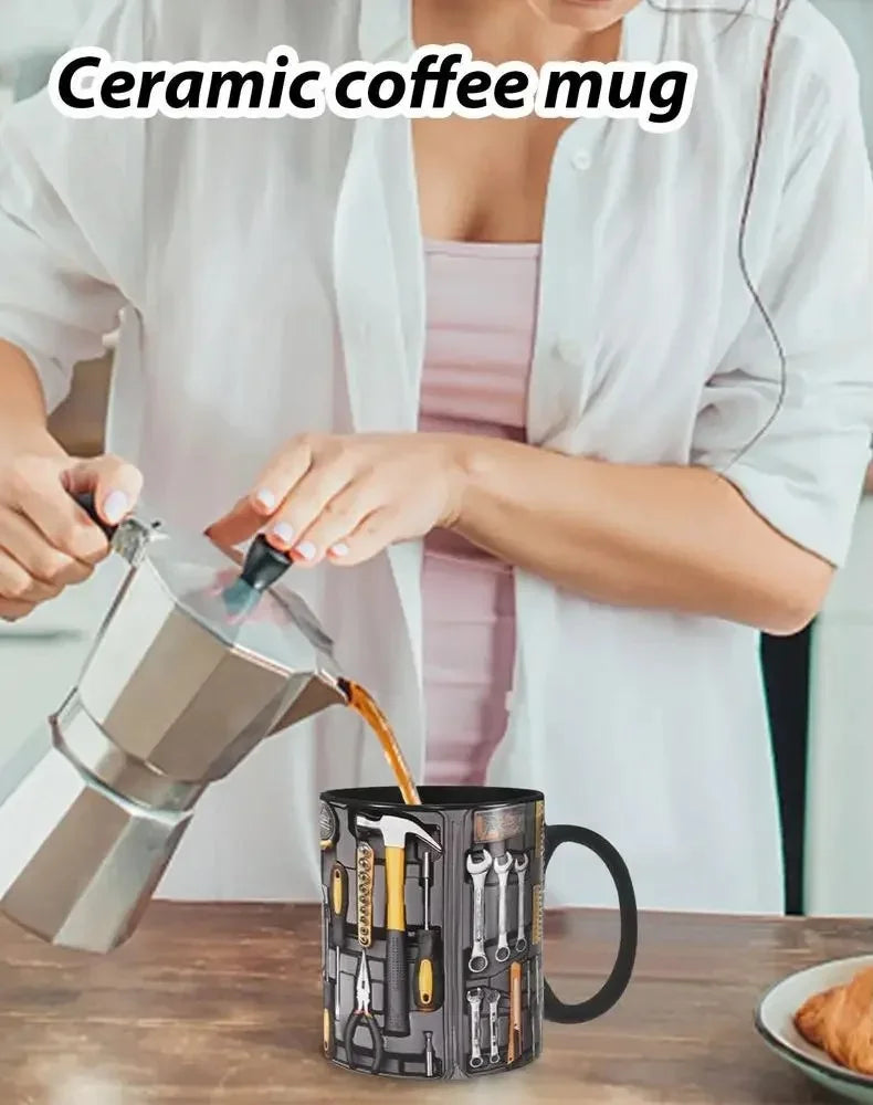 Woman pouring coffee into ceramic toolbox mug - creative mechanic themed coffee cup for breakfast