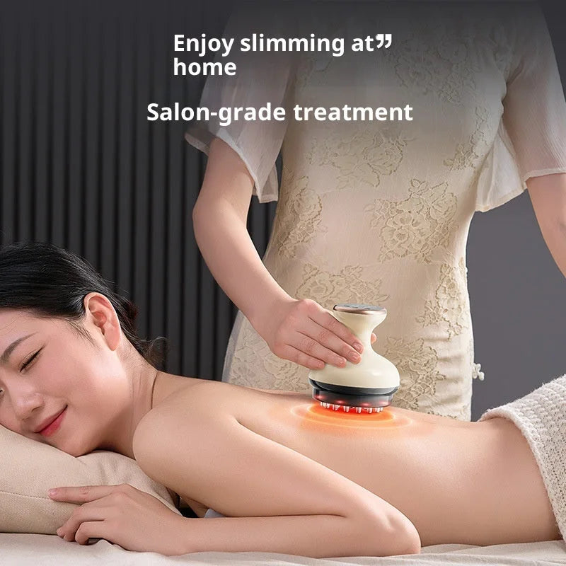 Woman receiving salon-grade body slimming massage treatment at home with electric body brush massager on back