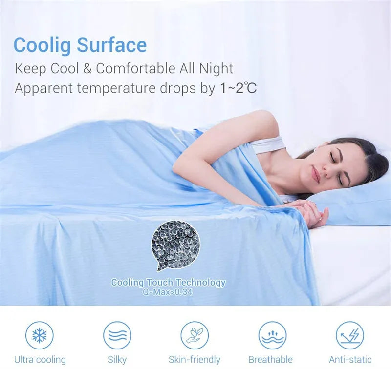 Woman sleeping comfortably under lightweight cooling blanket at night