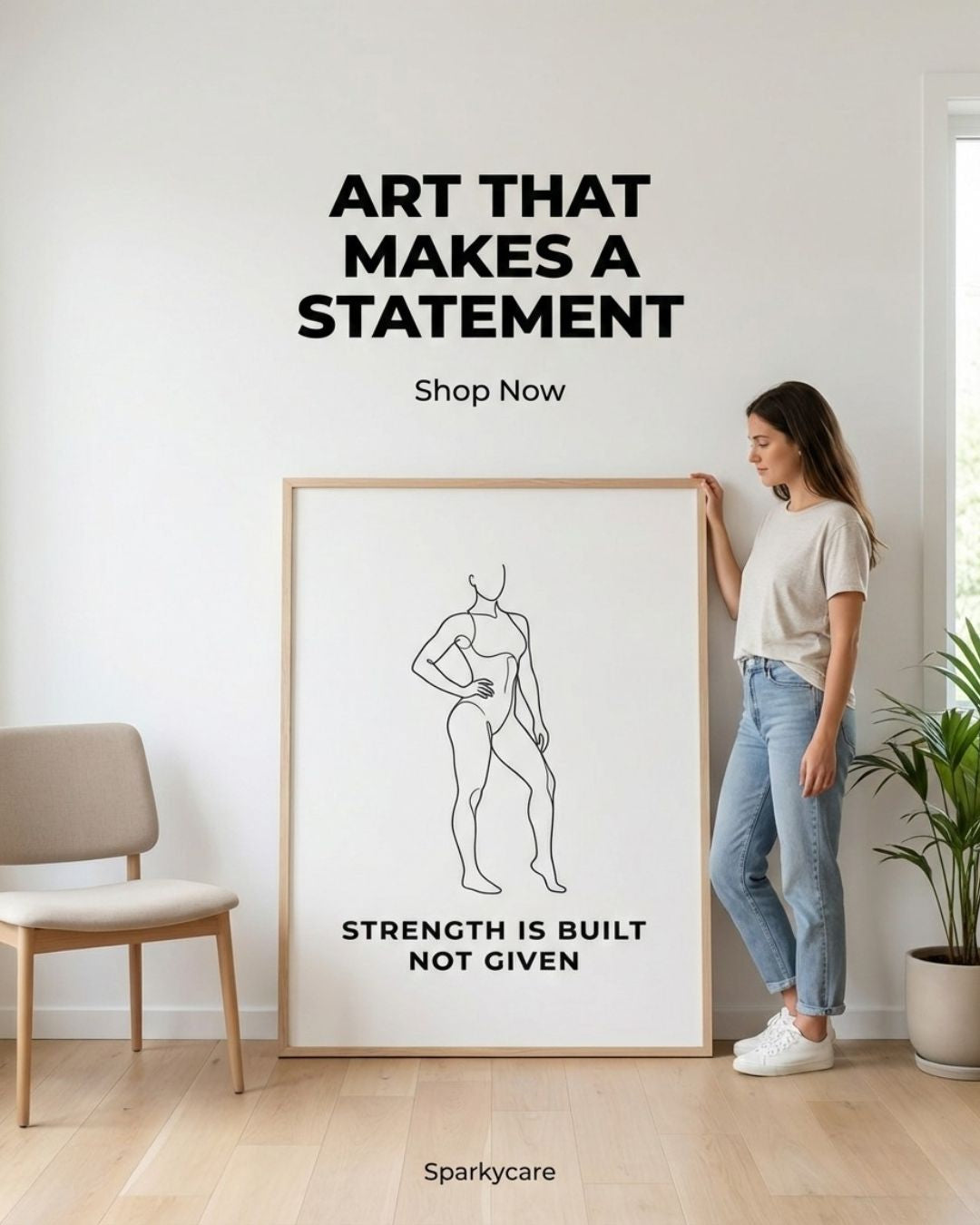 Woman standing next to a framed artwork with text 'Strength is built, not given' in a room.