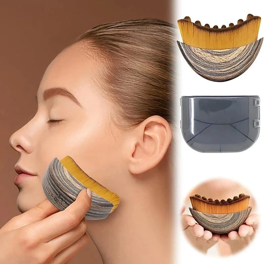 Woman using lymphatic drainage face brush on jawline contoured wooden tool soft bristles facial massage technique
