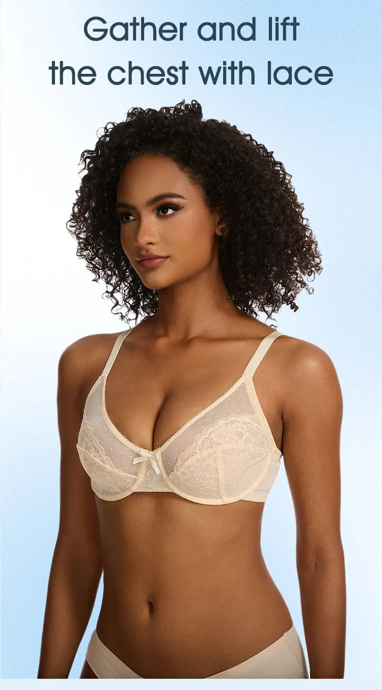 Woman wearing a beige supporting bra with text on a light blue background