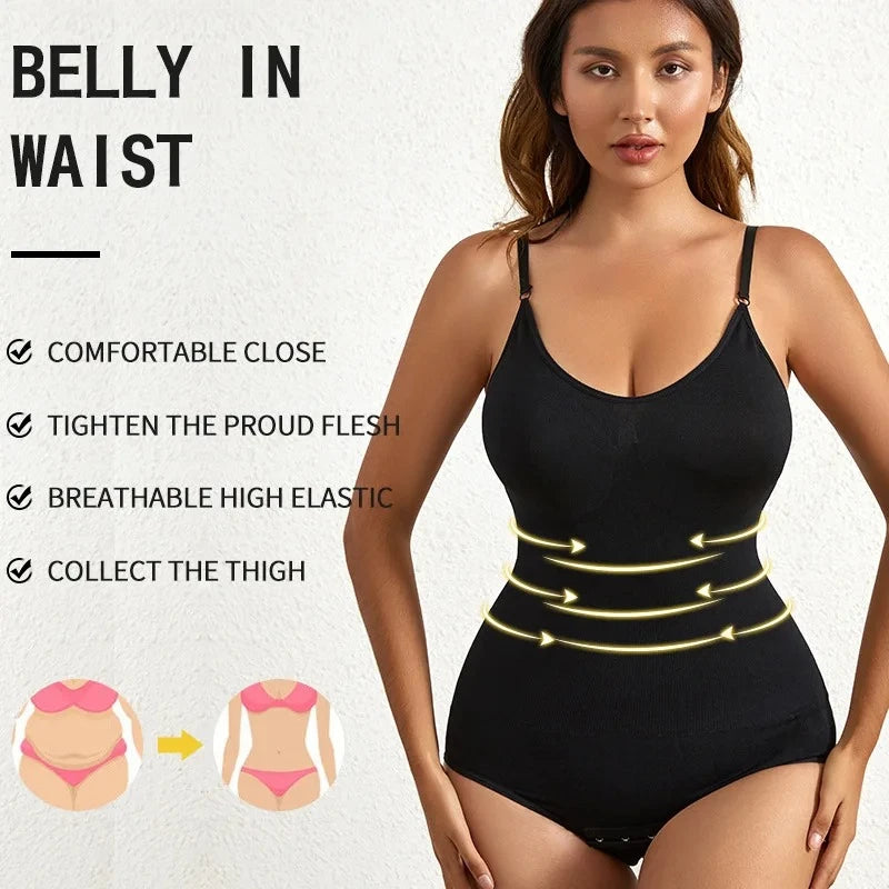 Woman wearing a black belly waist control shapewear garment with text highlighting features on a light gray background