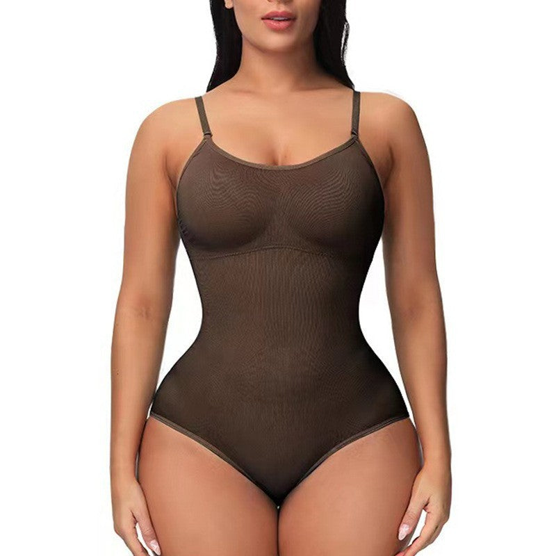 Woman wearing a brown bodysuit shapewear against a white background