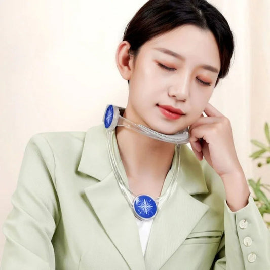 Woman wearing a transparent adjustable neck brace with blue star-pattern joints while resting her head comfortably.
