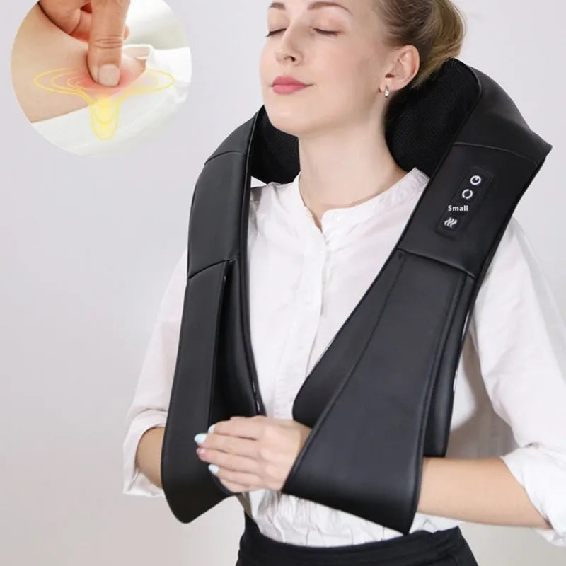 Woman wearing black multifunctional neck massager for hands-free shoulder massage