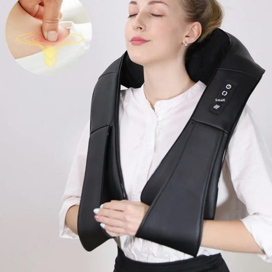 Woman wearing black multifunctional neck massager for hands-free shoulder massage