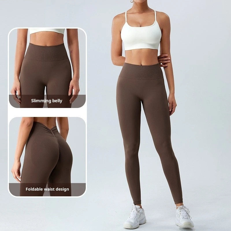 Woman wearing brown butt lifting leggings showing high waisted tummy control design