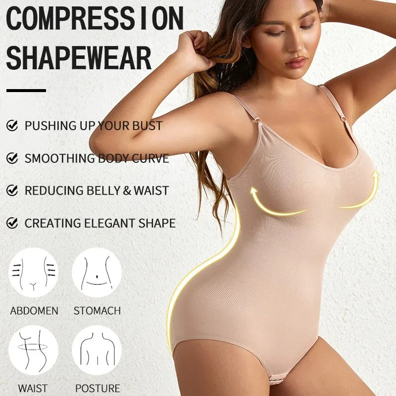 Woman wearing compression shapewear with text highlighting its features on a light background