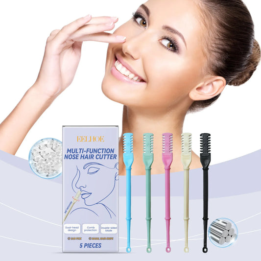Woman with a nose hair trimmer set and packaging on a white background