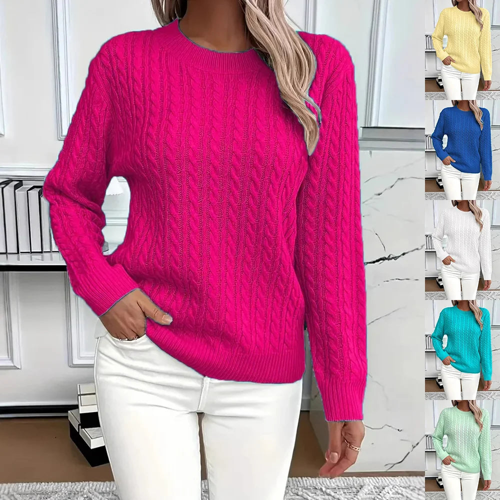 Women’s cable-knit pullover sweater in Dark Pink with side previews of Yellow, Blue, White, Lake Blue, and Light Green color options