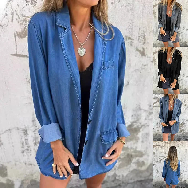 Women’s denim lapel shirt jackets shown together in blue, black, gray, and water blue color variations