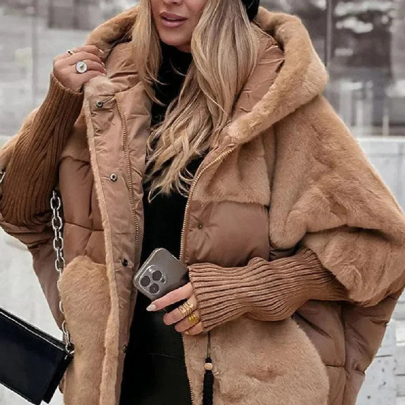 Women’s faux fur patchwork coat in deep khaki styled with a cozy oversized winter look