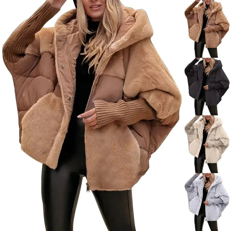 Women’s faux fur patchwork coats displayed together in deep khaki, apricot, black, and gray color options