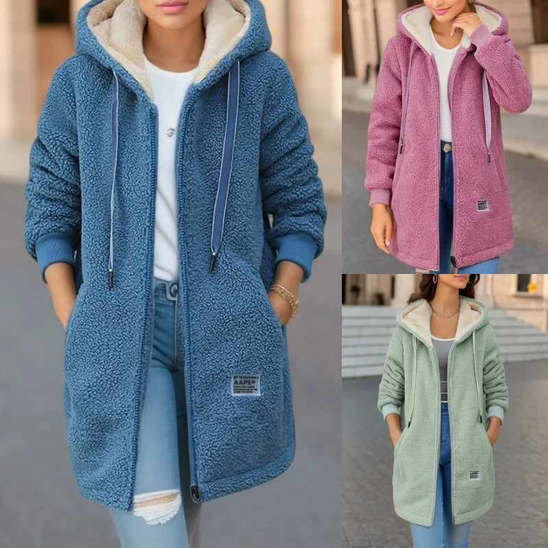 Women’s fleece-lined hooded jacket in assorted colors including blue, pink, and light green for versatile winter wear