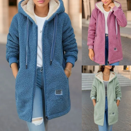 Women’s fleece-lined hooded jacket in assorted colors including blue, pink, and light green for versatile winter wear