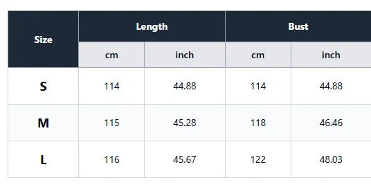 Women's halter pajama dress size chart showing length and bust measurements for sizes S, M, L in cm and inches