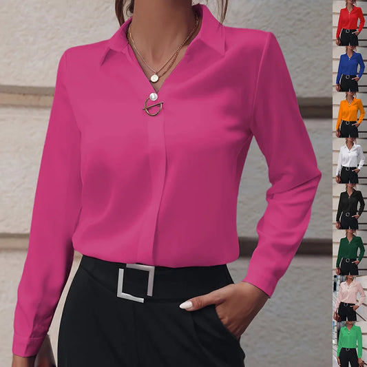 Women’s multi-color commuter blouse collage featuring black, coffee, dark blue, dark green, emerald green, orange, pink, purple, red, rose red, sky blue, white, and yellow
