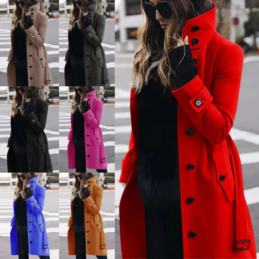 Women's woolen coat slim fit showing multiple color options khaki dark gray rose red blue orange