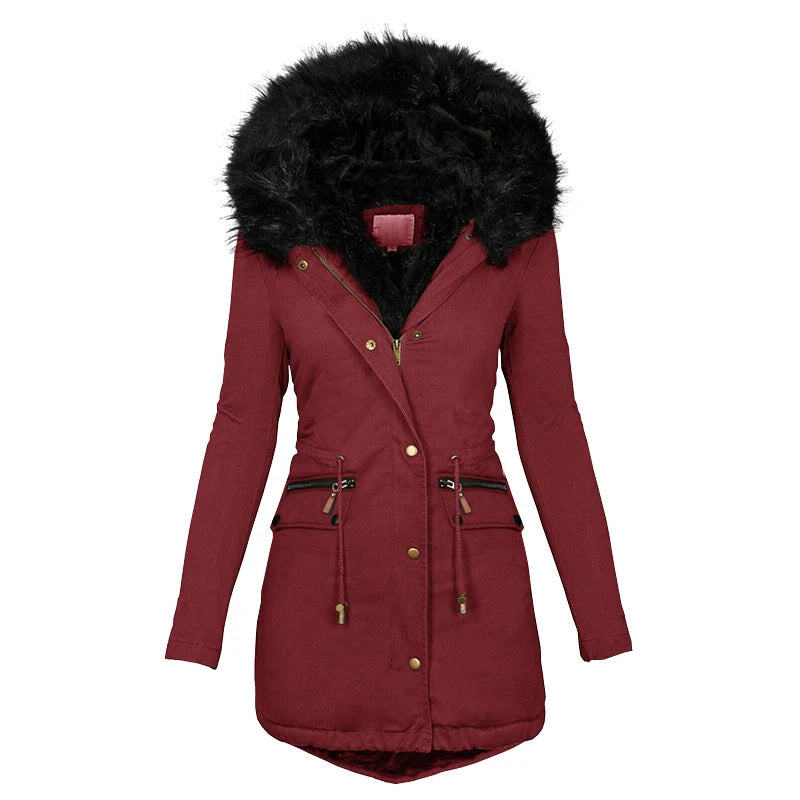 Womens winter parka coat in wine red with black faux fur hood and gold button closure
